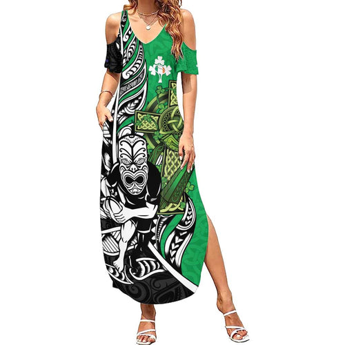 New Zealand and Ireland Rugby Custom Summer Maxi Dress Maori Tiki Fern Irish Celtic Cross - Aussie Hoodie