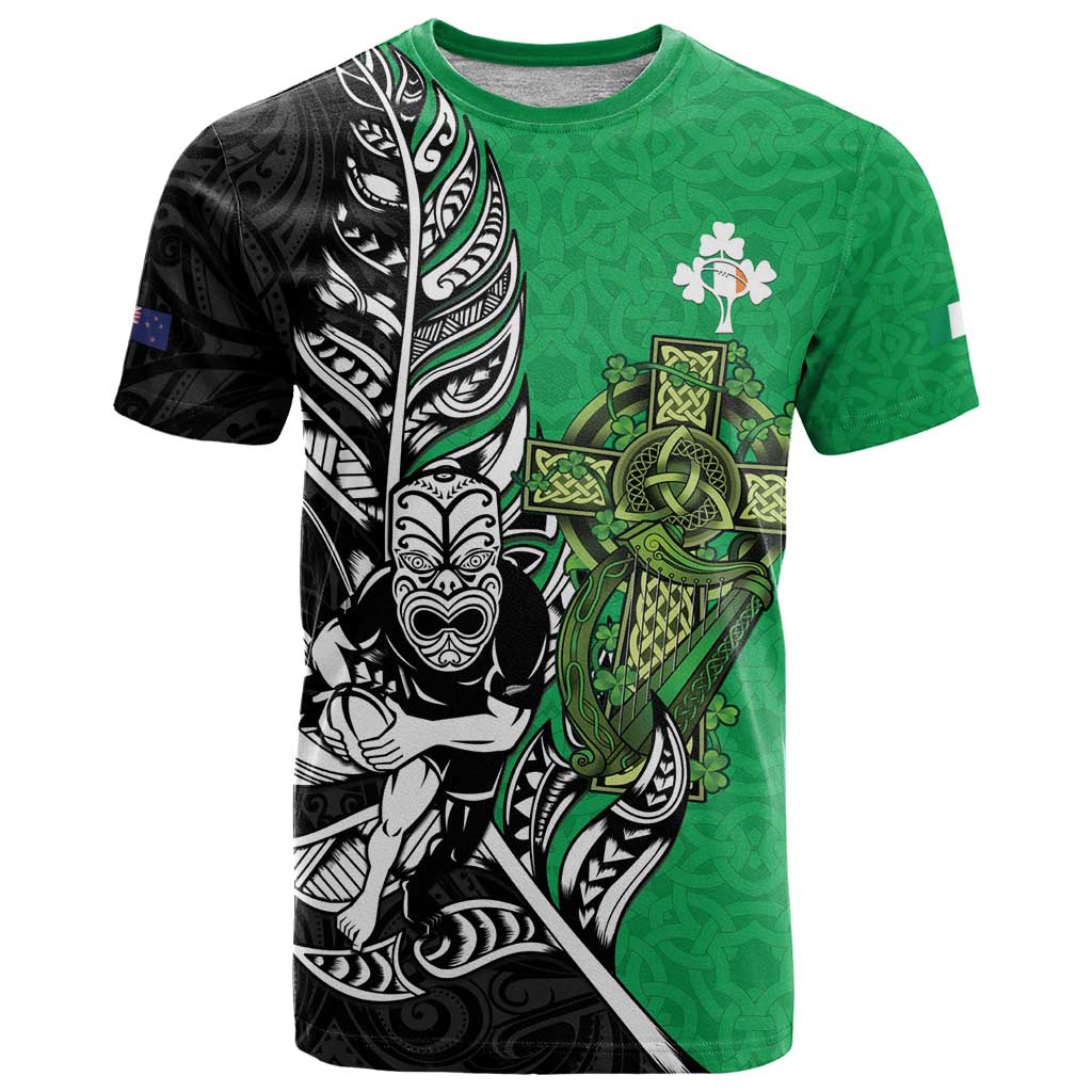 New Zealand and Ireland Rugby Custom T Shirt Maori Tiki Fern Irish Celtic Cross - Aussie Hoodie