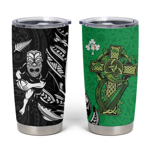New Zealand and Ireland Rugby Tumbler Cup Maori Tiki Fern Irish Celtic Cross - Aussie Hoodie