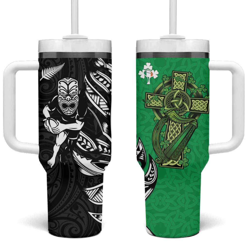 New Zealand and Ireland Rugby Tumbler With Handle Maori Tiki Fern Irish Celtic Cross - Aussie Hoodie