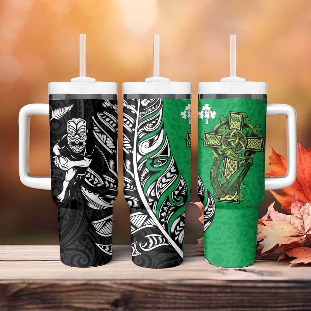 New Zealand and Ireland Rugby Tumbler With Handle Maori Tiki Fern Irish Celtic Cross - Aussie Hoodie