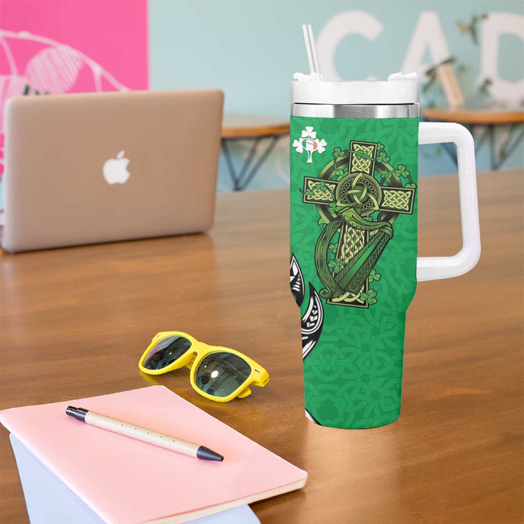 New Zealand and Ireland Rugby Tumbler With Handle Maori Tiki Fern Irish Celtic Cross - Aussie Hoodie