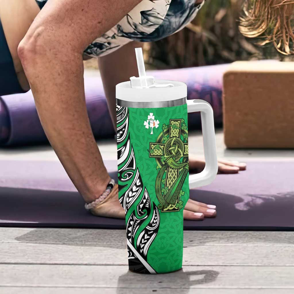 New Zealand and Ireland Rugby Tumbler With Handle Maori Tiki Fern Irish Celtic Cross - Aussie Hoodie