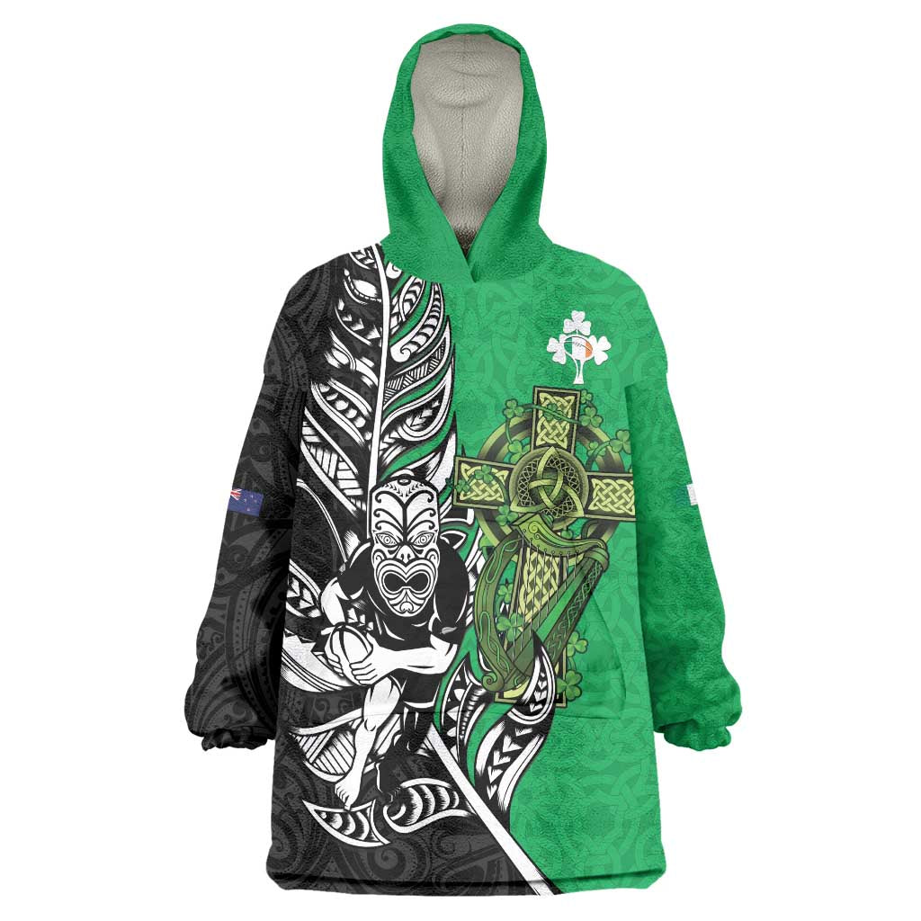 New Zealand and Ireland Rugby Custom Wearable Blanket Hoodie Maori Tiki Fern Irish Celtic Cross - Aussie Hoodie
