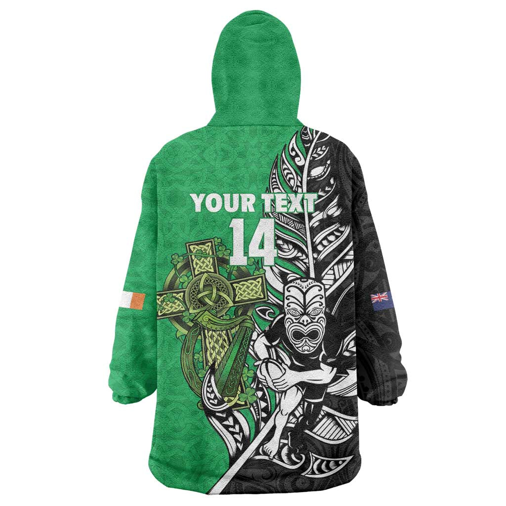 New Zealand and Ireland Rugby Custom Wearable Blanket Hoodie Maori Tiki Fern Irish Celtic Cross - Aussie Hoodie