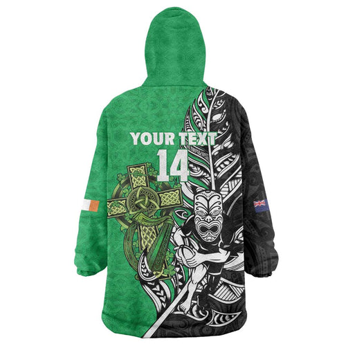 New Zealand and Ireland Rugby Custom Wearable Blanket Hoodie Maori Tiki Fern Irish Celtic Cross - Aussie Hoodie