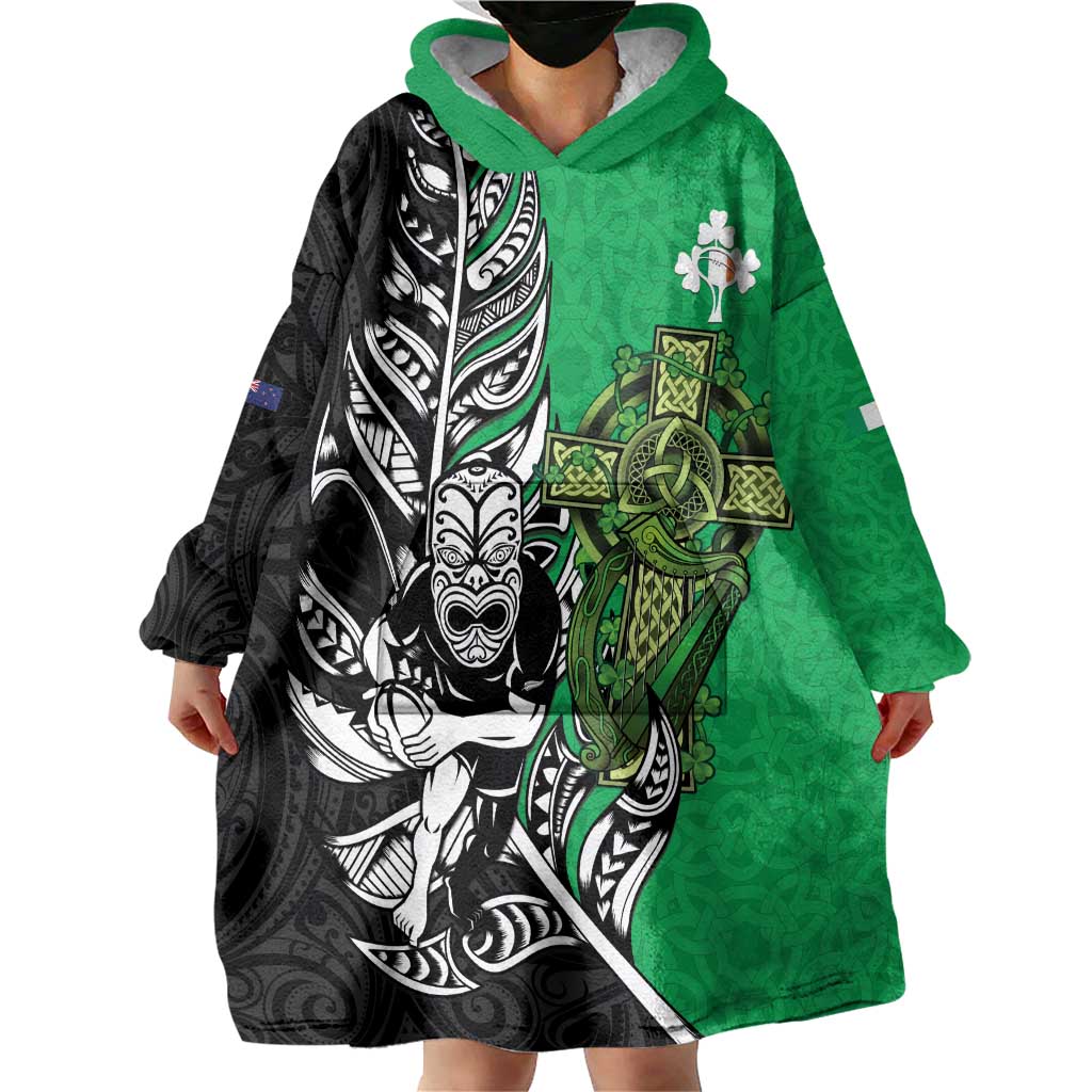 New Zealand and Ireland Rugby Custom Wearable Blanket Hoodie Maori Tiki Fern Irish Celtic Cross - Aussie Hoodie