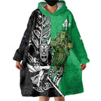 New Zealand and Ireland Rugby Custom Wearable Blanket Hoodie Maori Tiki Fern Irish Celtic Cross - Aussie Hoodie