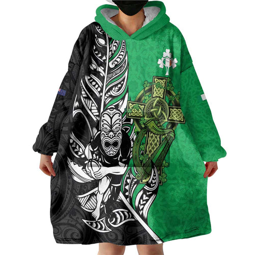 New Zealand and Ireland Rugby Custom Wearable Blanket Hoodie Maori Tiki Fern Irish Celtic Cross - Aussie Hoodie