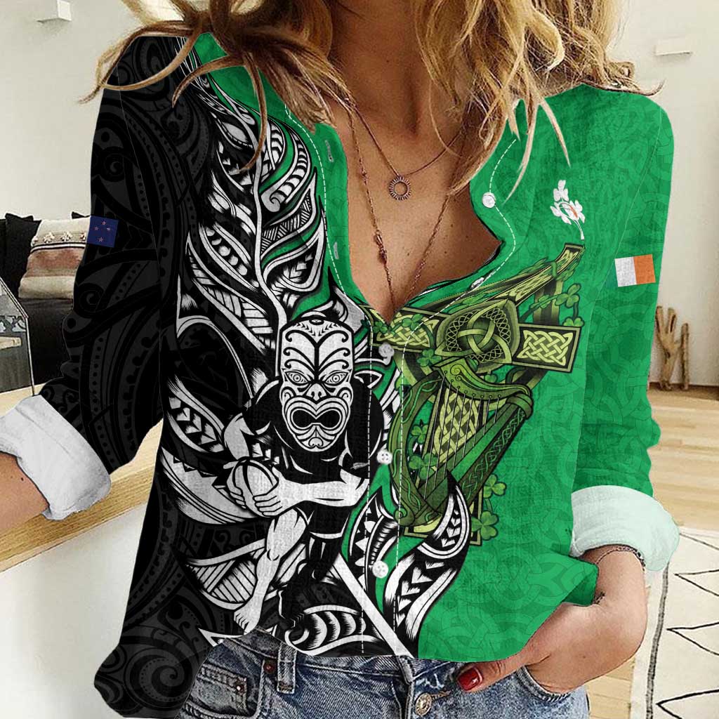 New Zealand and Ireland Rugby Custom Women Casual Shirt Maori Tiki Fern Irish Celtic Cross - Aussie Hoodie