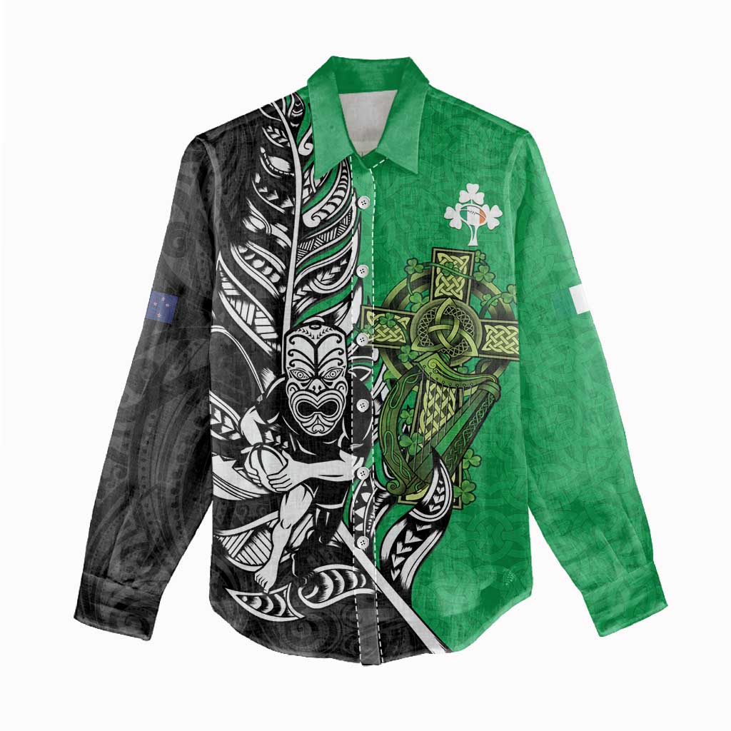 New Zealand and Ireland Rugby Custom Women Casual Shirt Maori Tiki Fern Irish Celtic Cross - Aussie Hoodie