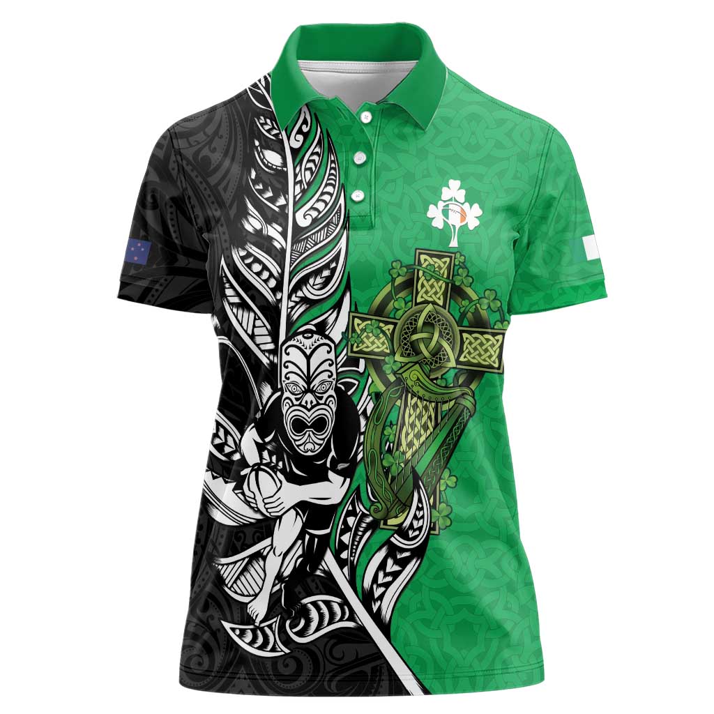 New Zealand and Ireland Rugby Custom Women Polo Shirt Maori Tiki Fern Irish Celtic Cross - Aussie Hoodie