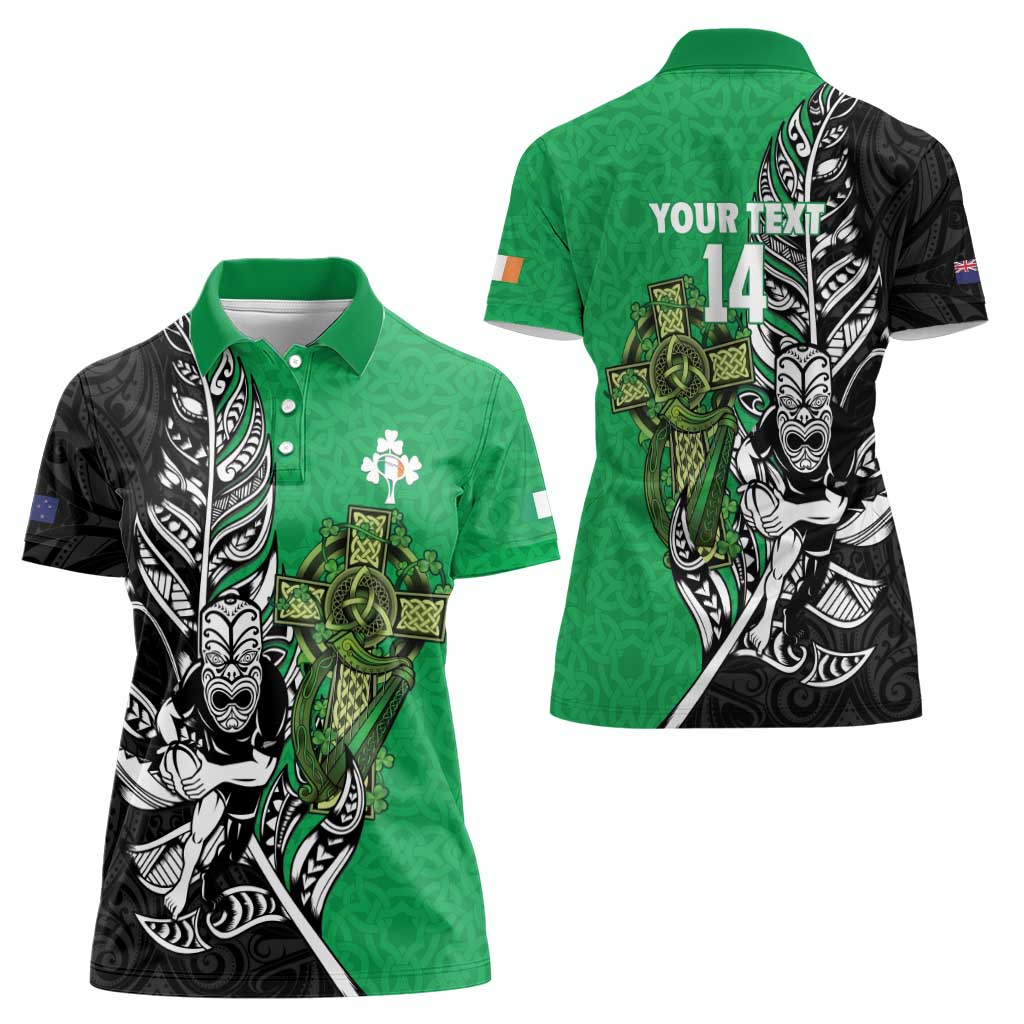 New Zealand and Ireland Rugby Custom Women Polo Shirt Maori Tiki Fern Irish Celtic Cross - Aussie Hoodie