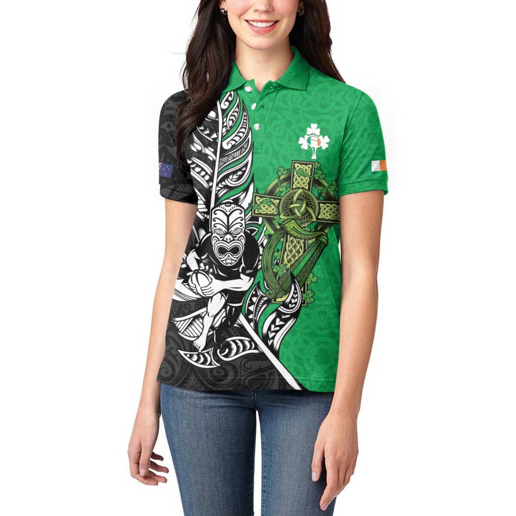 New Zealand and Ireland Rugby Custom Women Polo Shirt Maori Tiki Fern Irish Celtic Cross - Aussie Hoodie
