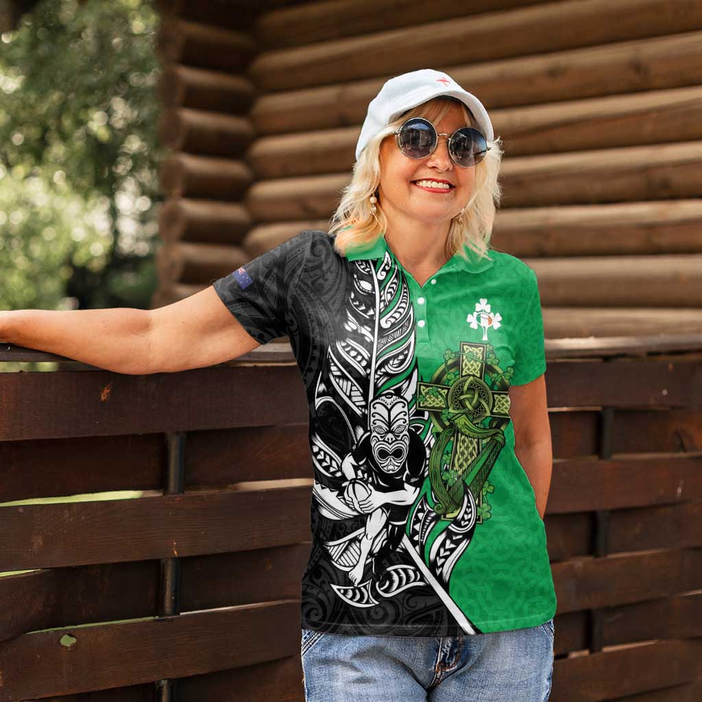 New Zealand and Ireland Rugby Custom Women Polo Shirt Maori Tiki Fern Irish Celtic Cross - Aussie Hoodie