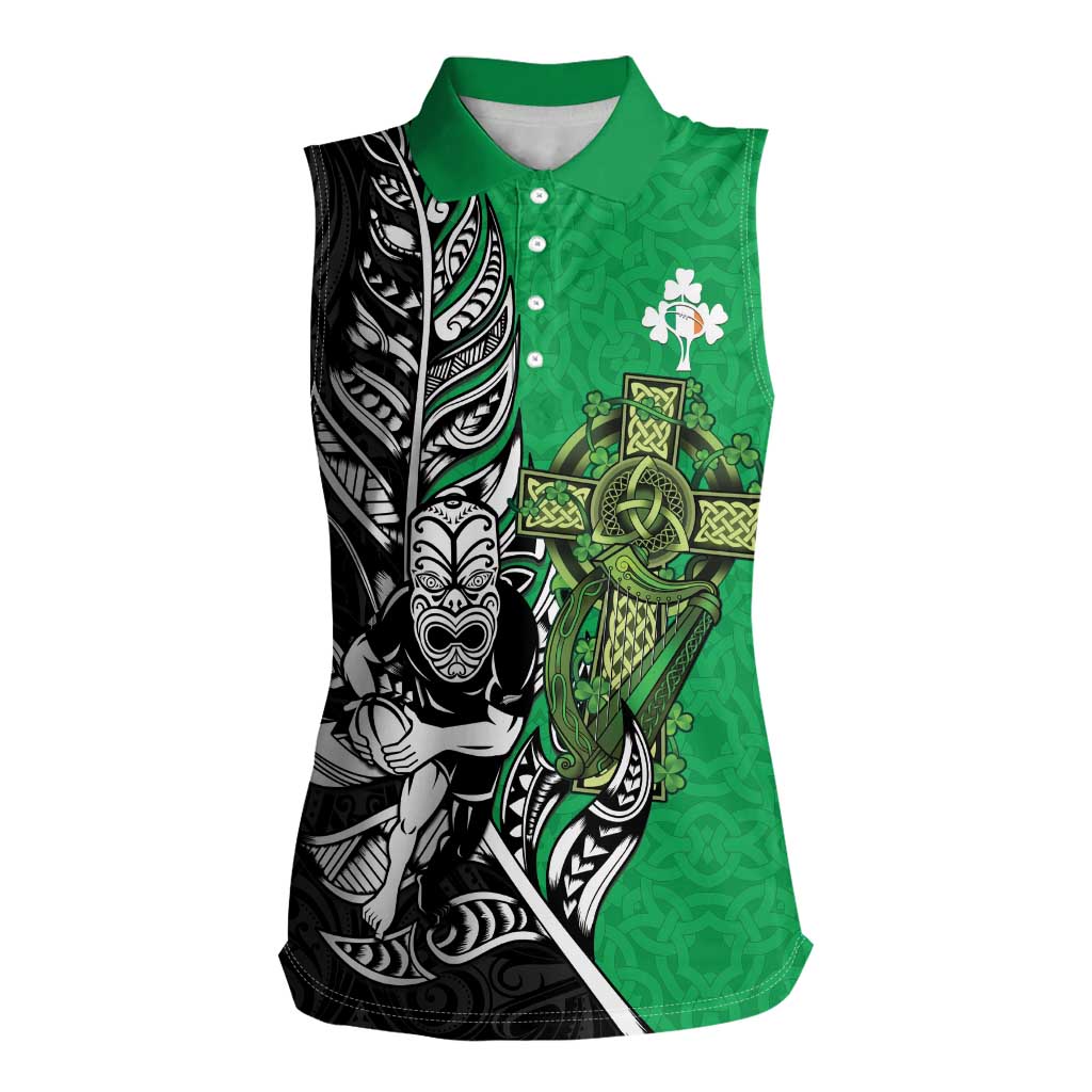 New Zealand and Ireland Rugby Custom Women Sleeveless Polo Shirt Maori Tiki Fern Irish Celtic Cross - Aussie Hoodie