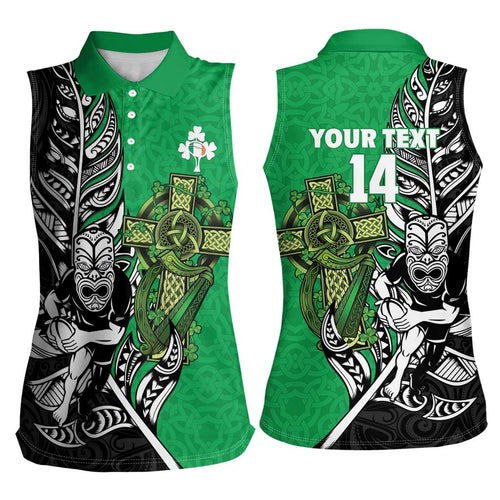 New Zealand and Ireland Rugby Custom Women Sleeveless Polo Shirt Maori Tiki Fern Irish Celtic Cross - Aussie Hoodie