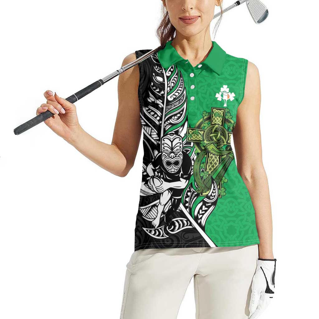 New Zealand and Ireland Rugby Custom Women Sleeveless Polo Shirt Maori Tiki Fern Irish Celtic Cross - Aussie Hoodie