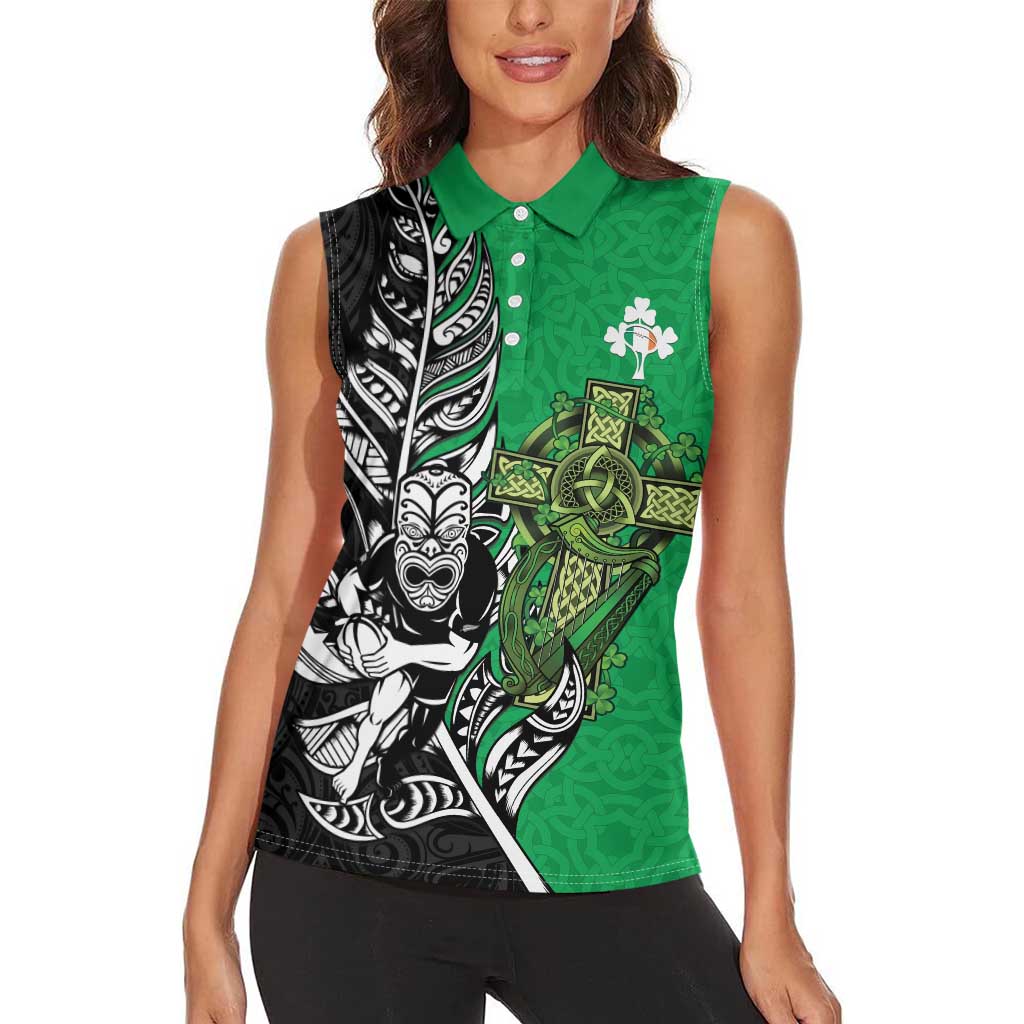 New Zealand and Ireland Rugby Custom Women Sleeveless Polo Shirt Maori Tiki Fern Irish Celtic Cross - Aussie Hoodie