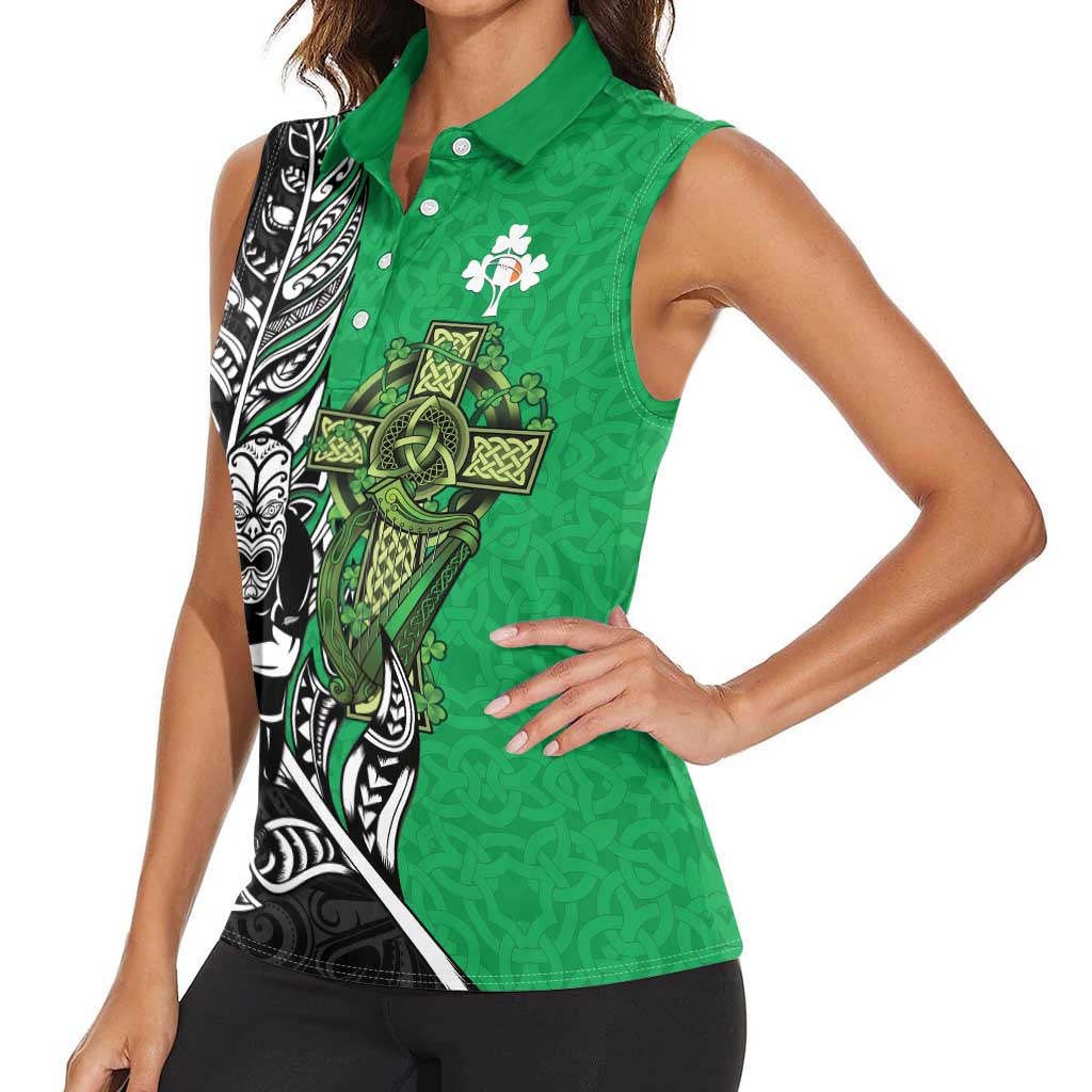 New Zealand and Ireland Rugby Custom Women Sleeveless Polo Shirt Maori Tiki Fern Irish Celtic Cross - Aussie Hoodie