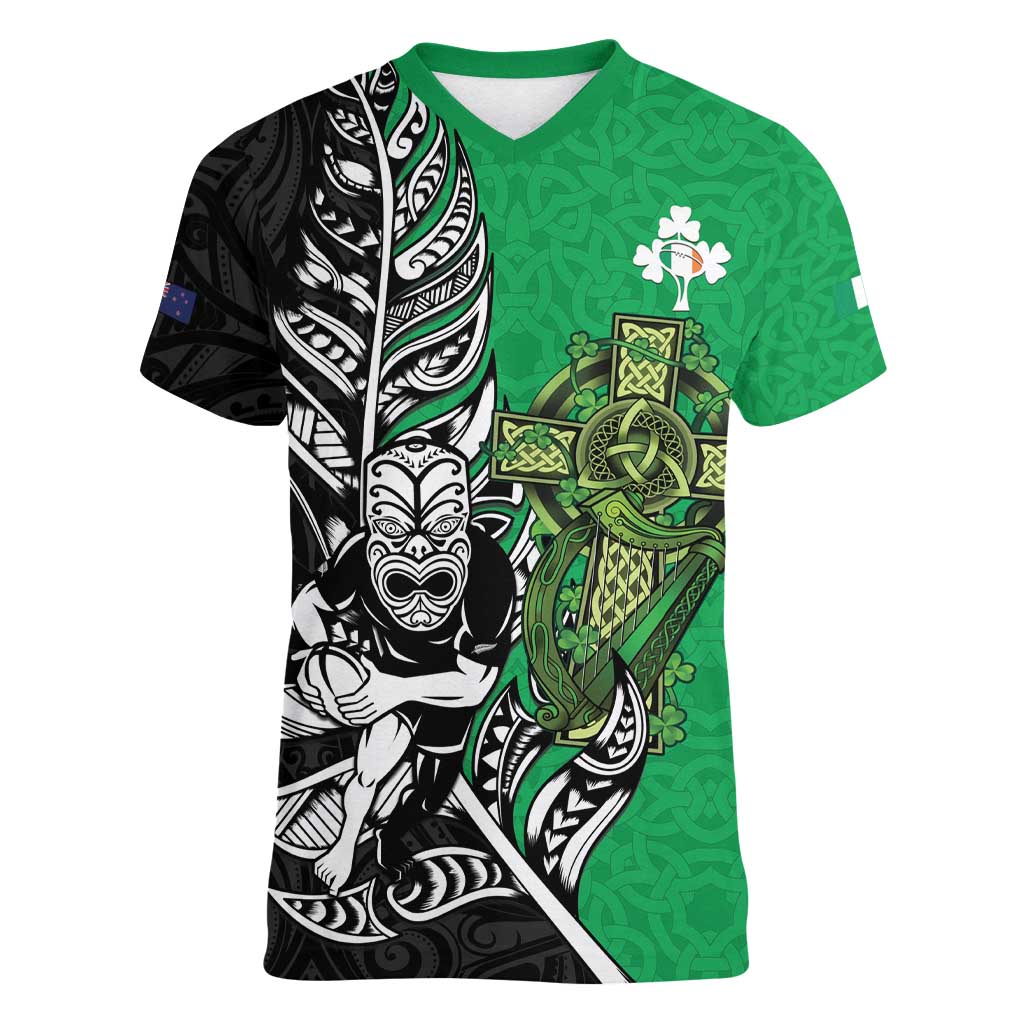New Zealand and Ireland Rugby Custom Women V-Neck T-Shirt Maori Tiki Fern Irish Celtic Cross - Aussie Hoodie