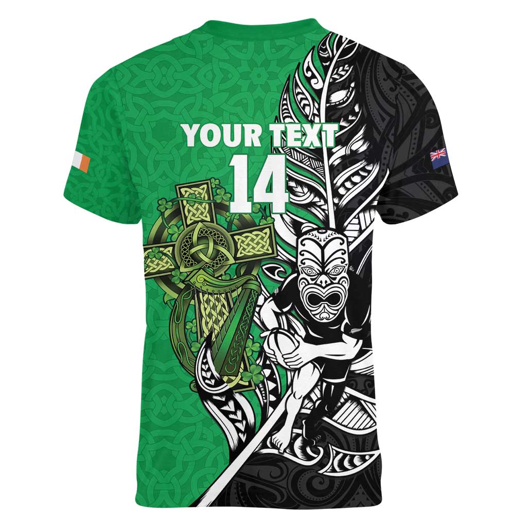 New Zealand and Ireland Rugby Custom Women V-Neck T-Shirt Maori Tiki Fern Irish Celtic Cross - Aussie Hoodie