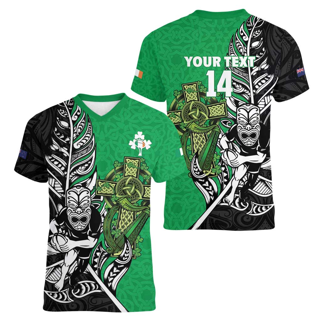 New Zealand and Ireland Rugby Custom Women V-Neck T-Shirt Maori Tiki Fern Irish Celtic Cross - Aussie Hoodie