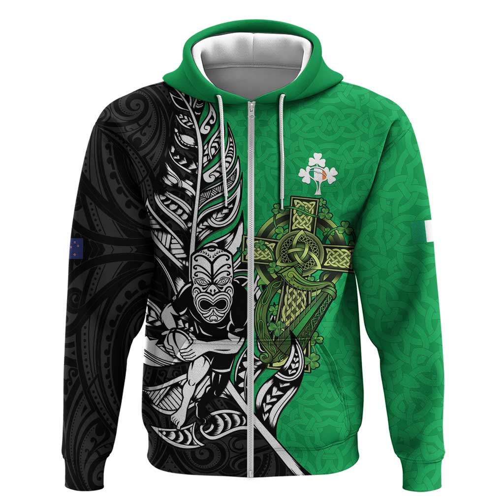 New Zealand and Ireland Rugby Custom Zip Hoodie Maori Tiki Fern Irish Celtic Cross - Aussie Hoodie
