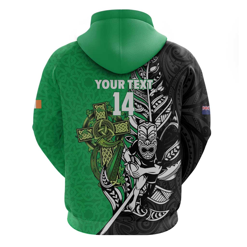 New Zealand and Ireland Rugby Custom Zip Hoodie Maori Tiki Fern Irish Celtic Cross - Aussie Hoodie