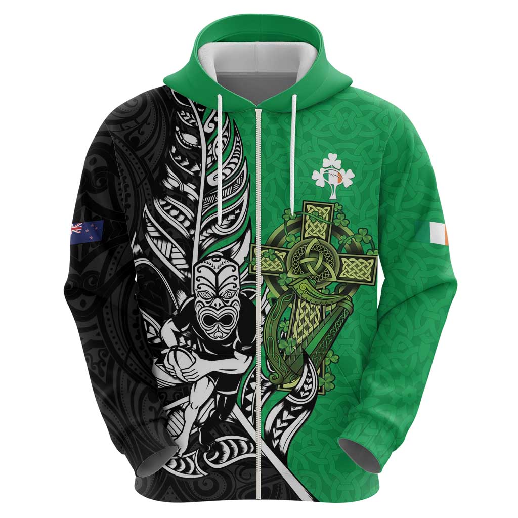 New Zealand and Ireland Rugby Custom Zip Hoodie Maori Tiki Fern Irish Celtic Cross - Aussie Hoodie
