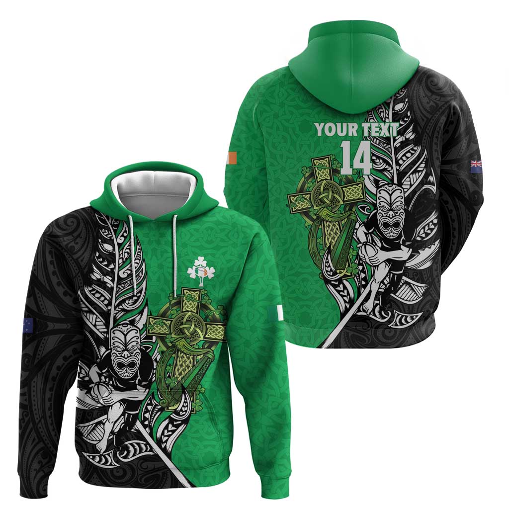 New Zealand and Ireland Rugby Custom Zip Hoodie Maori Tiki Fern Irish Celtic Cross - Aussie Hoodie