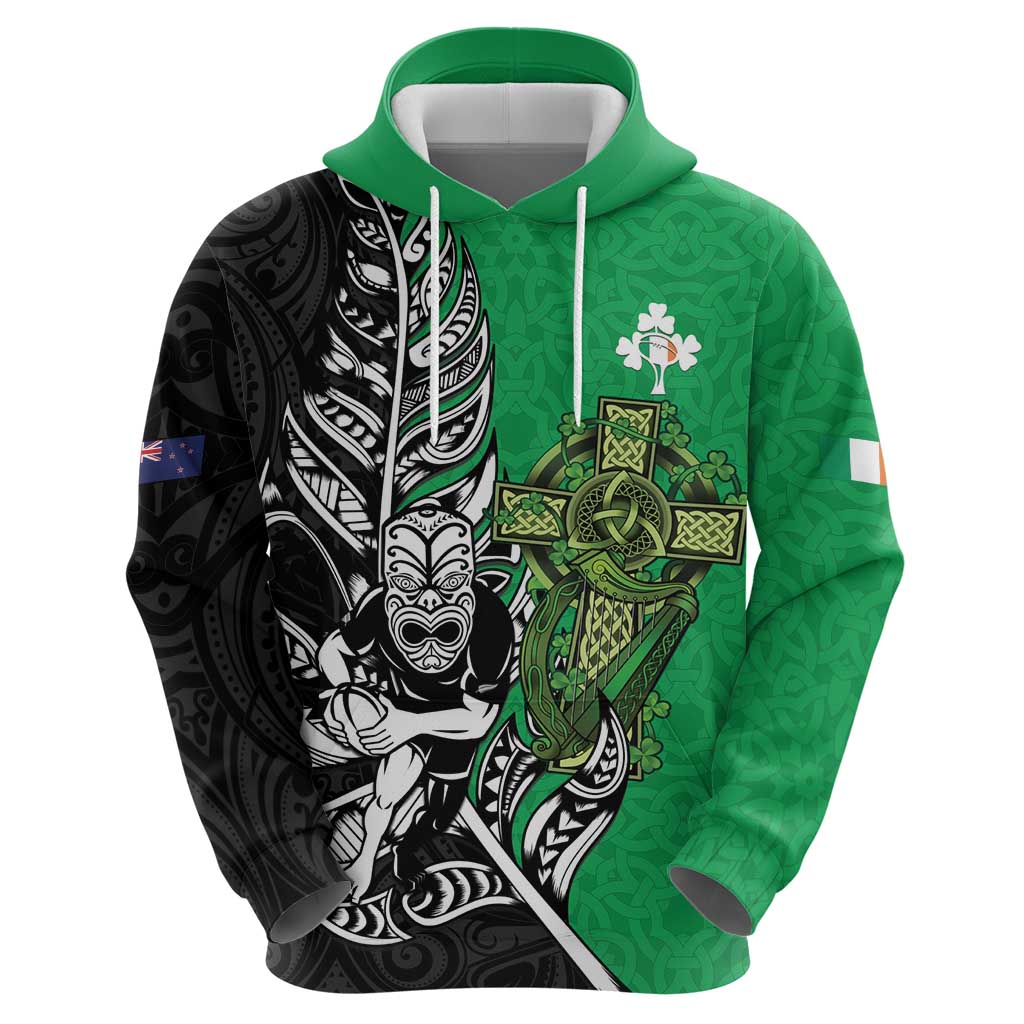 New Zealand and Ireland Rugby Custom Zip Hoodie Maori Tiki Fern Irish Celtic Cross - Aussie Hoodie