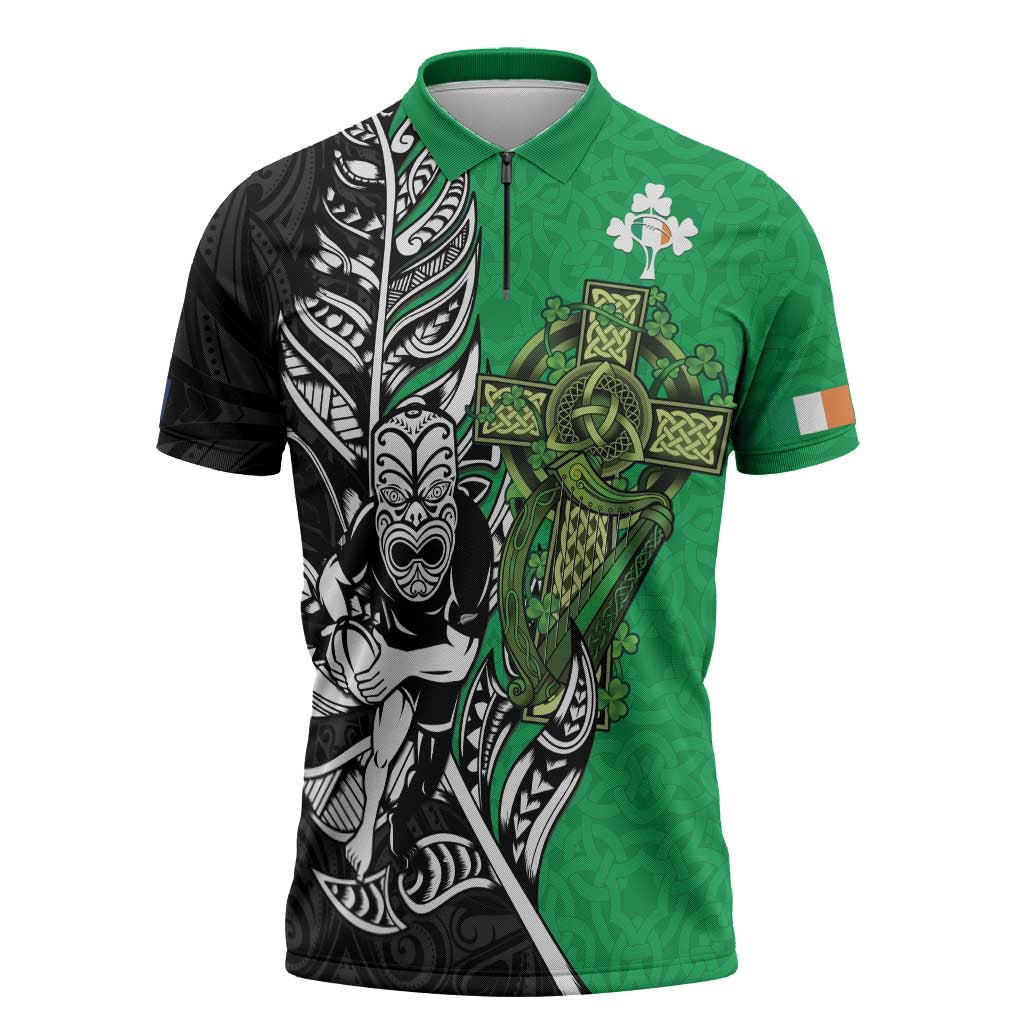 New Zealand and Ireland Rugby Custom Zipper Polo Shirt Maori Tiki Fern Irish Celtic Cross - Aussie Hoodie