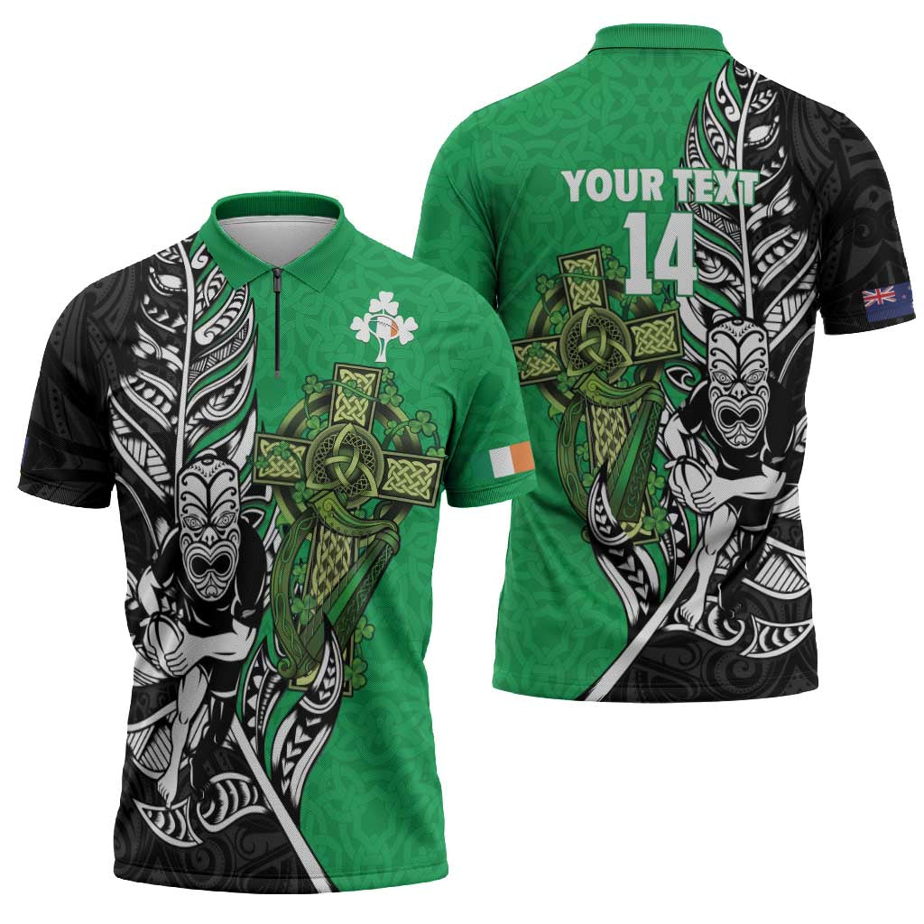 New Zealand and Ireland Rugby Custom Zipper Polo Shirt Maori Tiki Fern Irish Celtic Cross - Aussie Hoodie