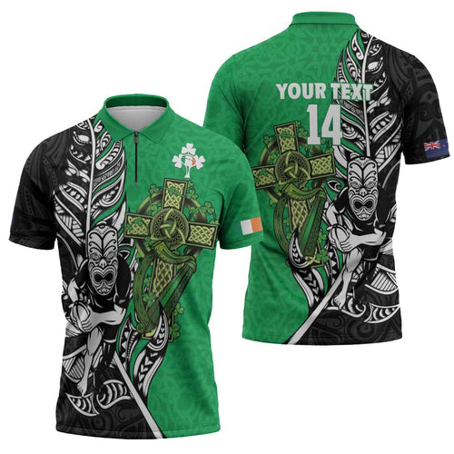 New Zealand and Ireland Rugby Custom Zipper Polo Shirt Maori Tiki Fern Irish Celtic Cross - Aussie Hoodie
