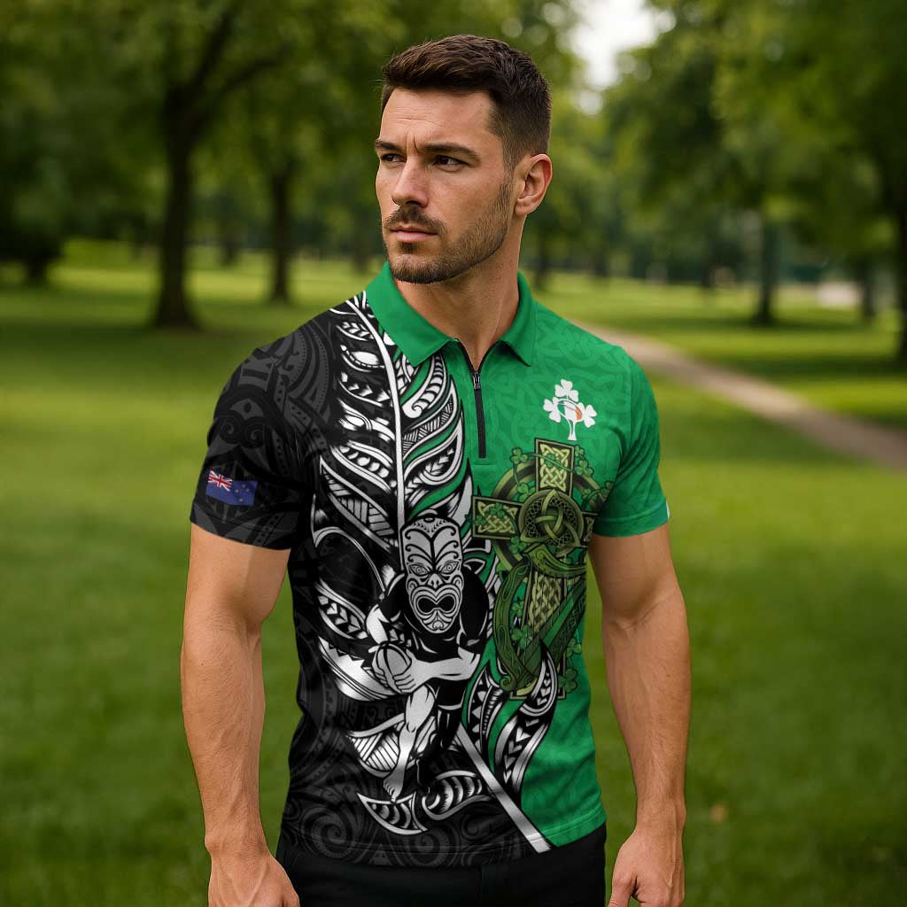 New Zealand and Ireland Rugby Custom Zipper Polo Shirt Maori Tiki Fern Irish Celtic Cross - Aussie Hoodie
