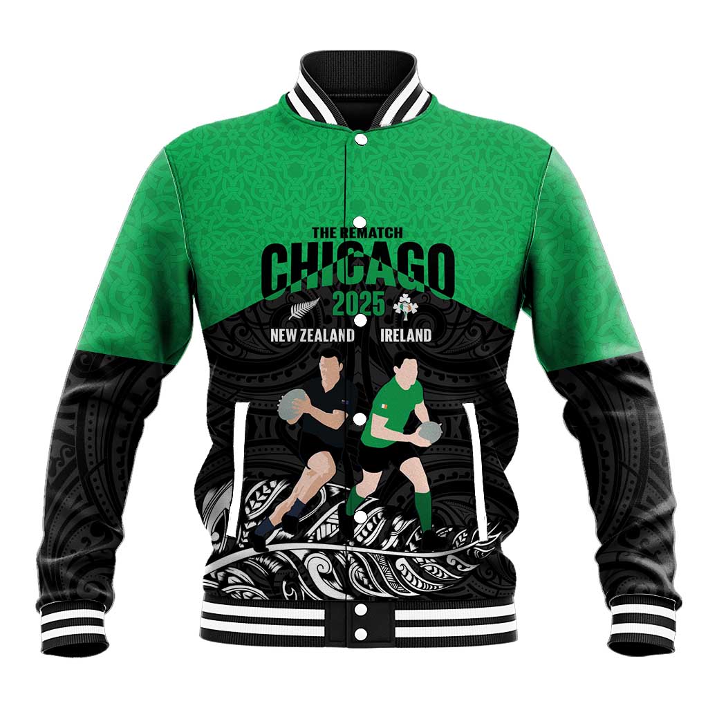 New Zealand and Ireland Rugby Custom Baseball Jacket Chicago 2025 Go All Black Shamrocks - Aussie Hoodie