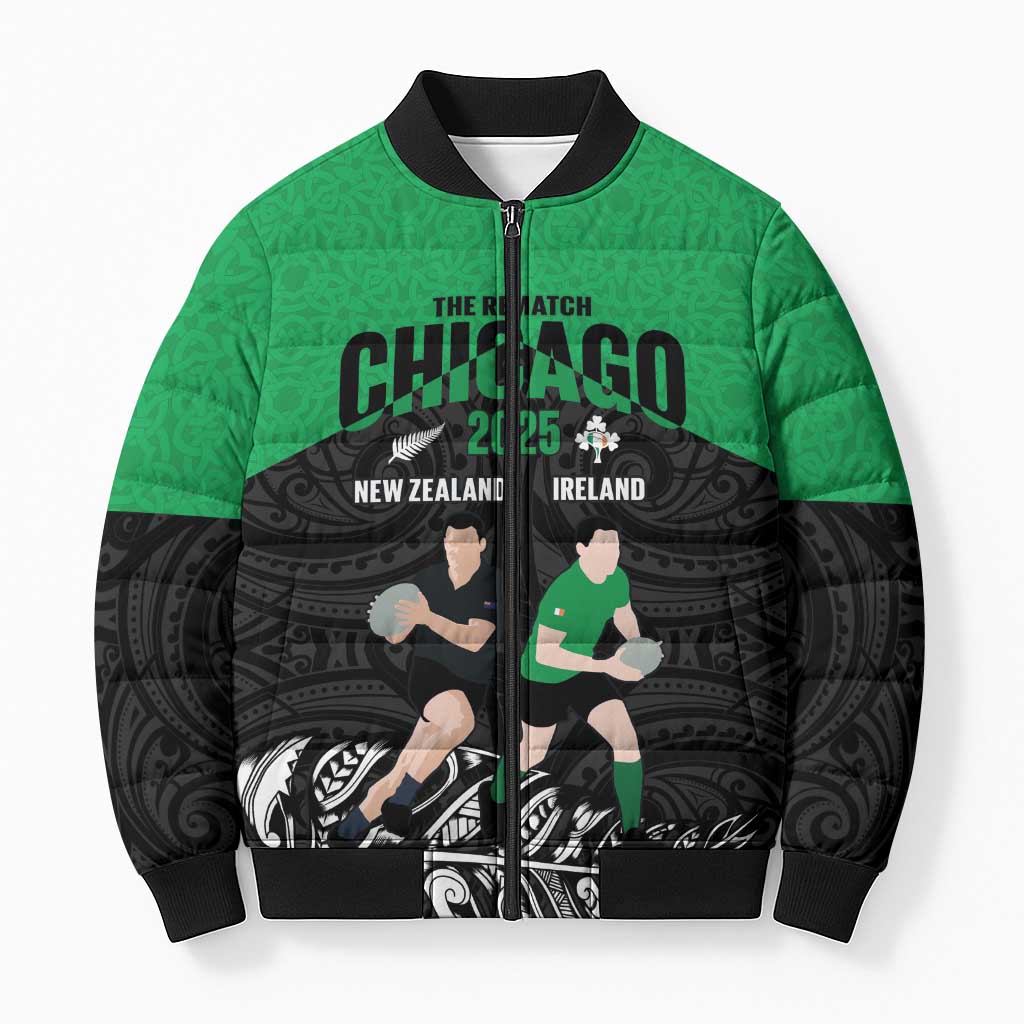 New Zealand and Ireland Rugby Custom Bomber Puffer Jacket Chicago 2025 Go All Black Shamrocks - Aussie Hoodie