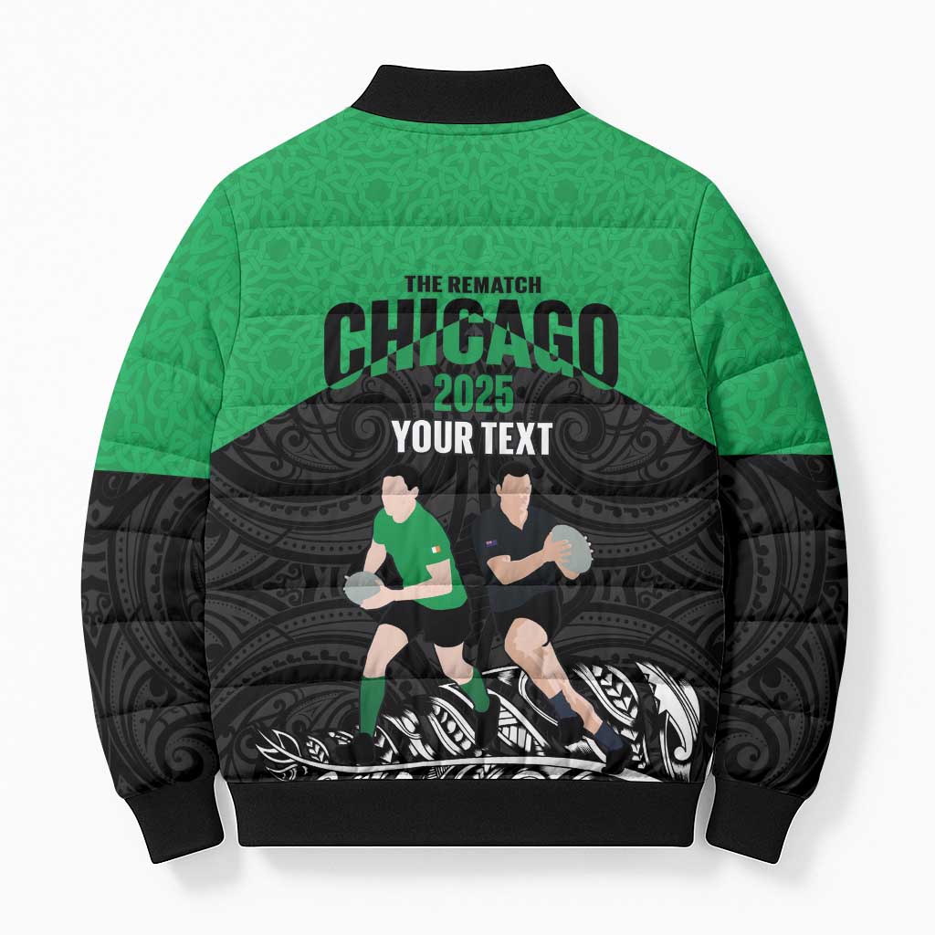 New Zealand and Ireland Rugby Custom Bomber Puffer Jacket Chicago 2025 Go All Black Shamrocks - Aussie Hoodie