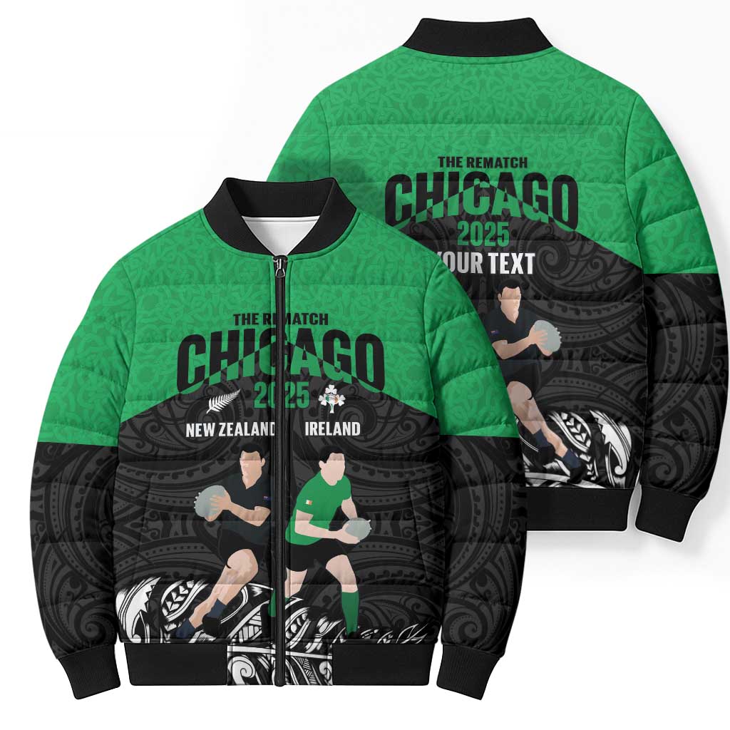 New Zealand and Ireland Rugby Custom Bomber Puffer Jacket Chicago 2025 Go All Black Shamrocks - Aussie Hoodie
