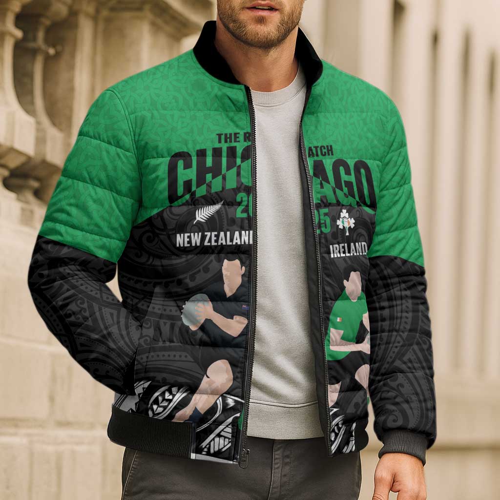 New Zealand and Ireland Rugby Custom Bomber Puffer Jacket Chicago 2025 Go All Black Shamrocks - Aussie Hoodie