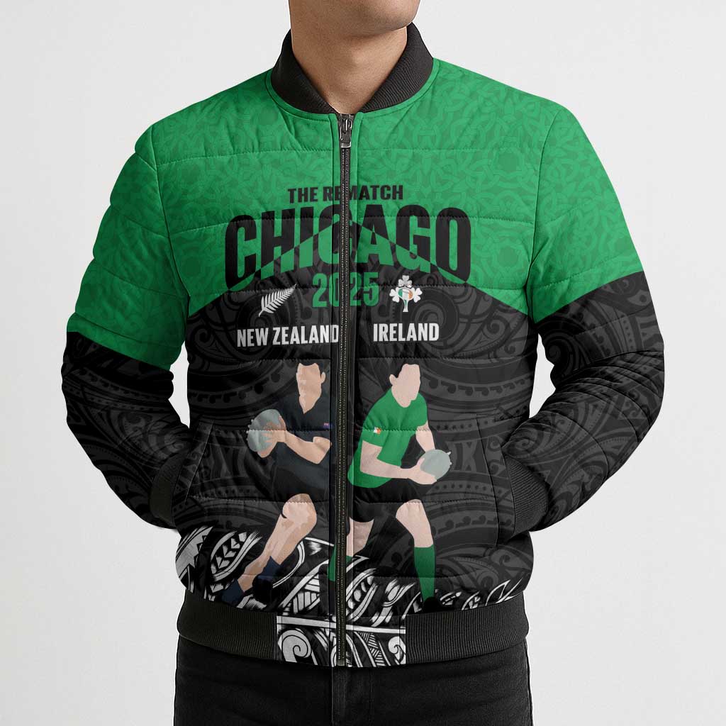 New Zealand and Ireland Rugby Custom Bomber Puffer Jacket Chicago 2025 Go All Black Shamrocks - Aussie Hoodie