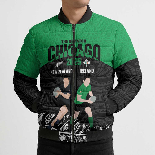New Zealand and Ireland Rugby Custom Bomber Puffer Jacket Chicago 2025 Go All Black Shamrocks - Aussie Hoodie