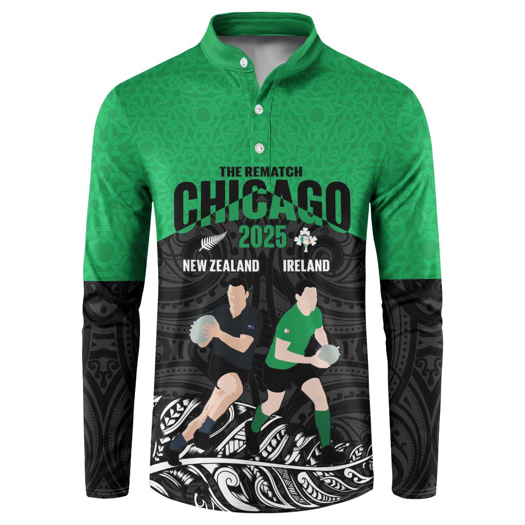 New Zealand and Ireland Rugby Custom Button Sweatshirt Chicago 2025 Go All Black Shamrocks - Aussie Hoodie
