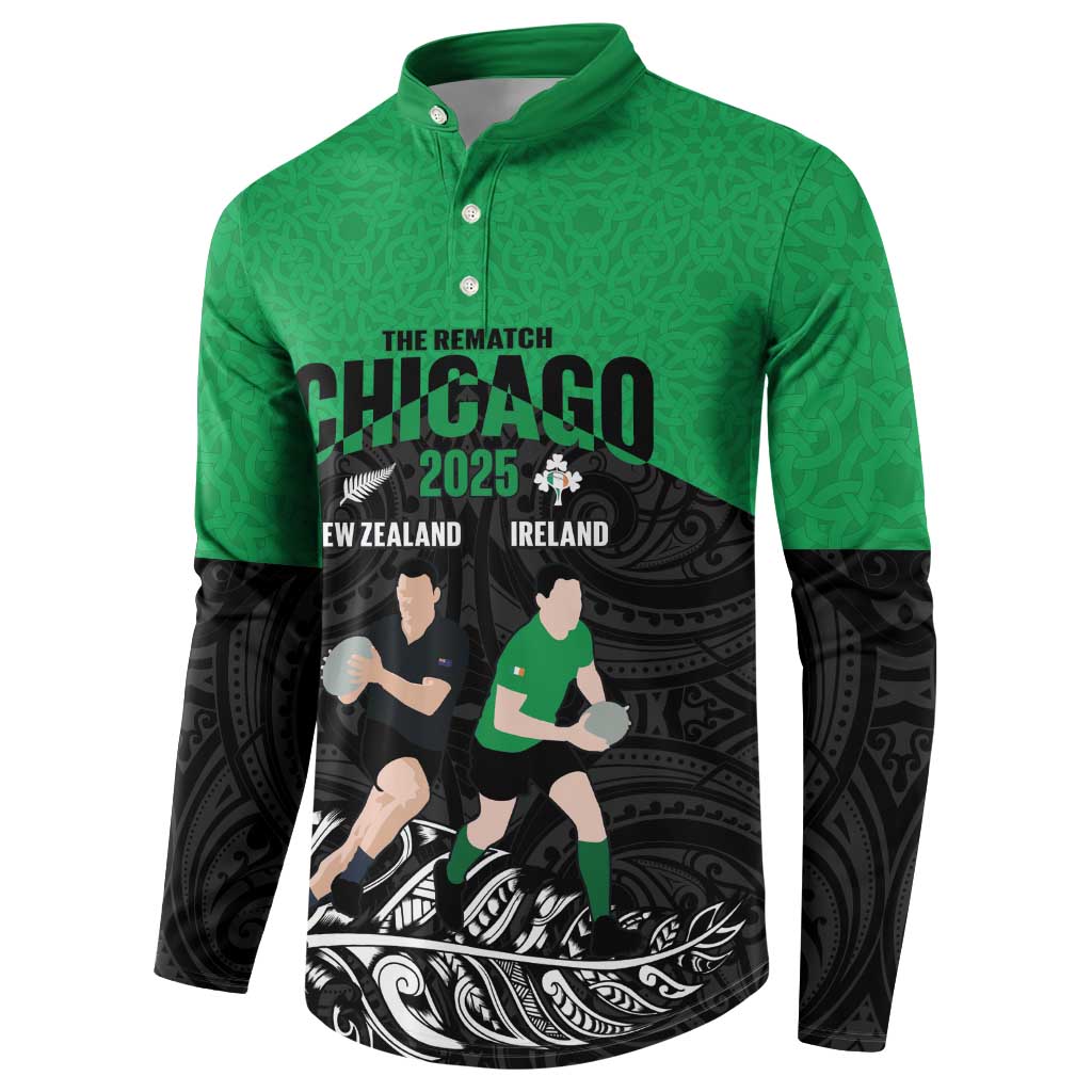 New Zealand and Ireland Rugby Custom Button Sweatshirt Chicago 2025 Go All Black Shamrocks - Aussie Hoodie
