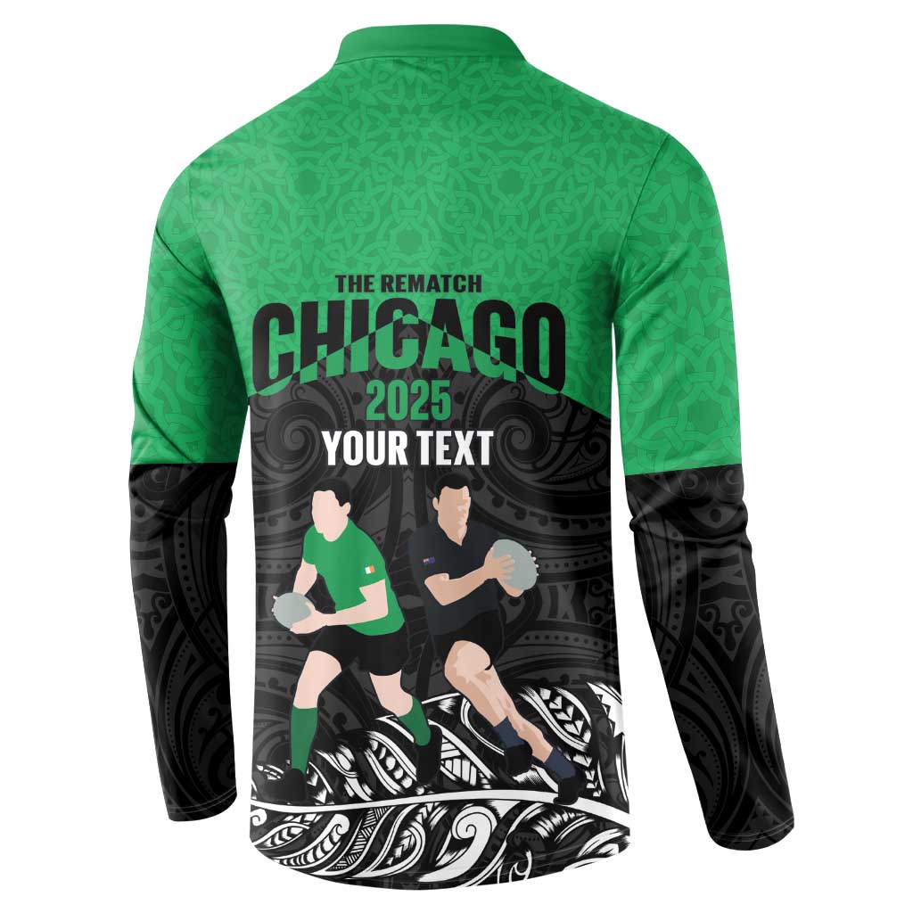 New Zealand and Ireland Rugby Custom Button Sweatshirt Chicago 2025 Go All Black Shamrocks - Aussie Hoodie