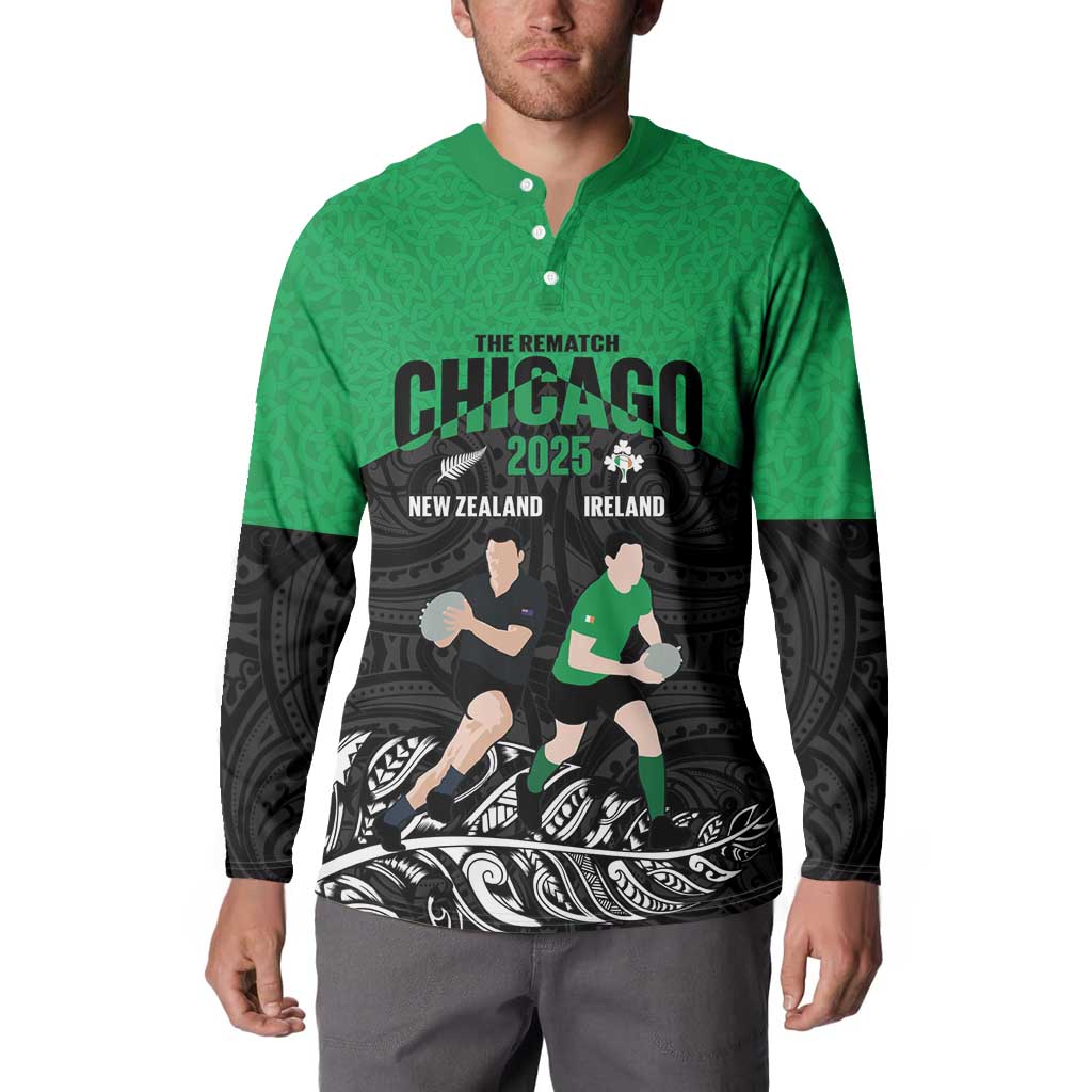 New Zealand and Ireland Rugby Custom Button Sweatshirt Chicago 2025 Go All Black Shamrocks - Aussie Hoodie