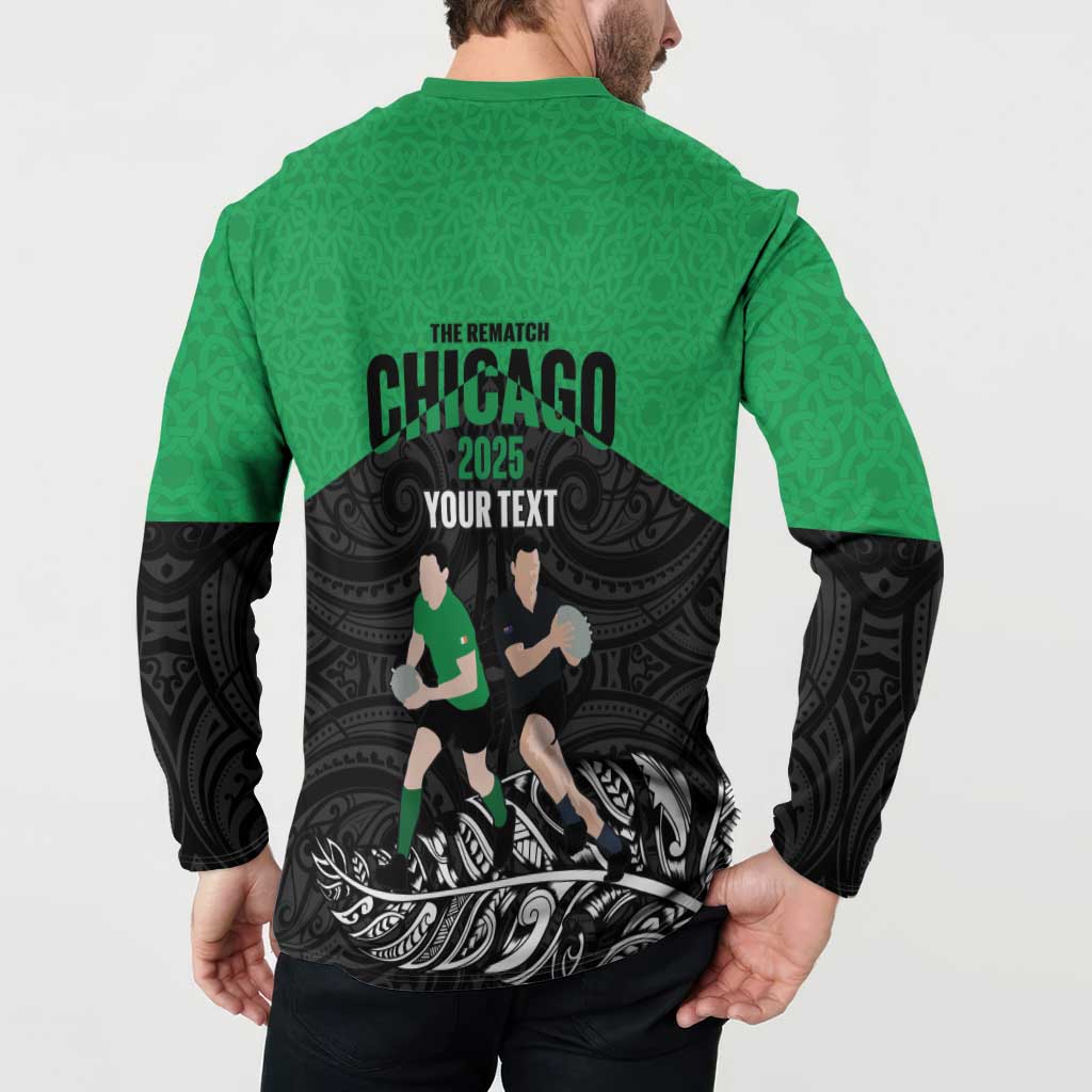New Zealand and Ireland Rugby Custom Button Sweatshirt Chicago 2025 Go All Black Shamrocks - Aussie Hoodie