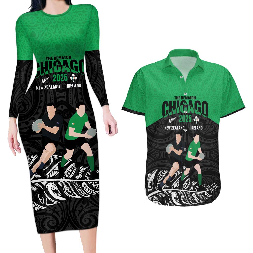 New Zealand and Ireland Rugby Custom Couples Matching Long Sleeve Bodycon Dress and Hawaiian Shirt Chicago 2025 Go All Black Shamrocks - Aussie Hoodie