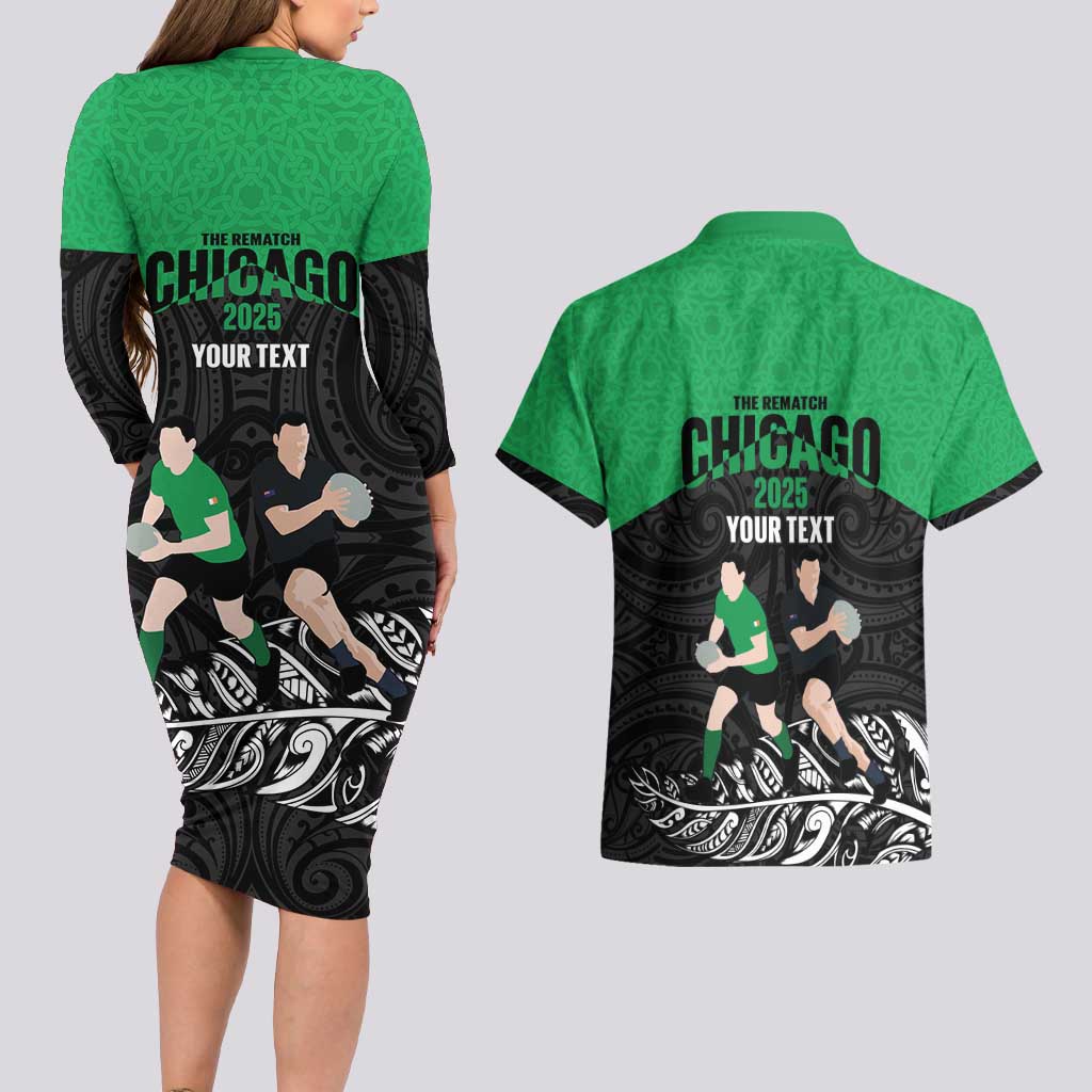 New Zealand and Ireland Rugby Custom Couples Matching Long Sleeve Bodycon Dress and Hawaiian Shirt Chicago 2025 Go All Black Shamrocks - Aussie Hoodie